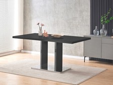 Dining Table Set Black Glass and High Gloss Rectangle 6 Faux Leather Chairs