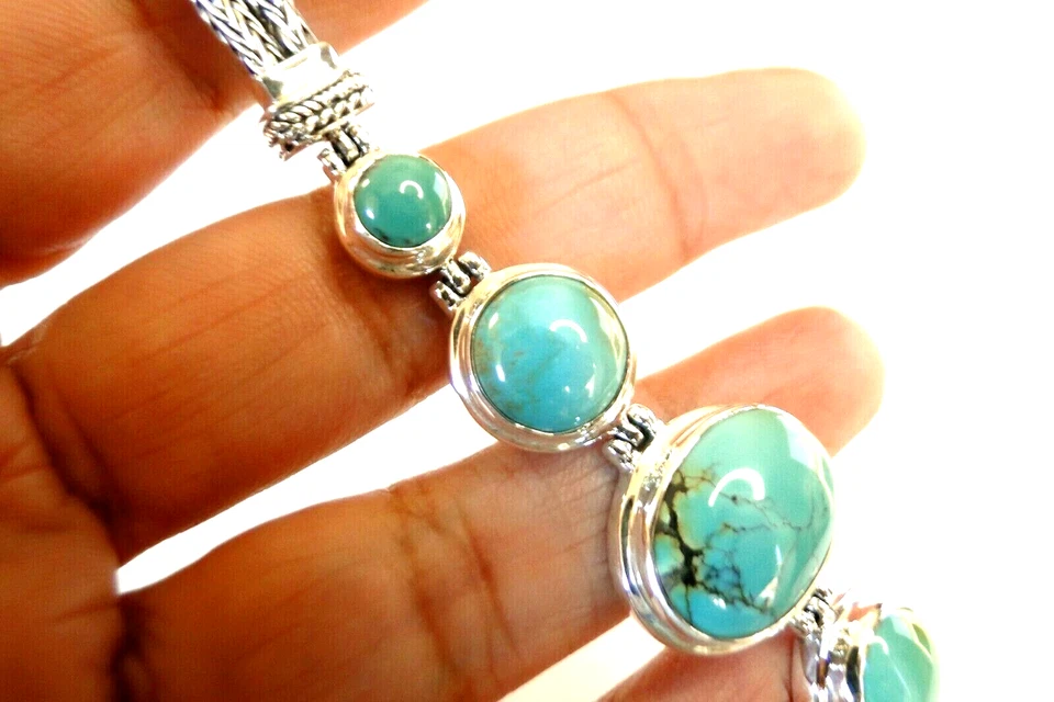 Pulsera de cadena de cola de zorro de plata esterlina 925 de 5 piedras tenis turquesa Foto 3 de 4