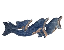 28" Hand Carved Wood DOLPHIN FAMILY Wall Art Hanging Tropical Nautical Coastal