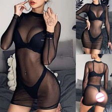Women Sexy See Through Lingerie Mini Dress Nightdress Long Sleeve Mesh Sleepwear