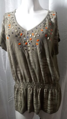 Cache Beaded Tank Top Women Sz XL Tye Dye Olive Green Blouse elastic waist 80's