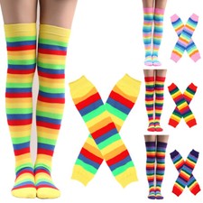 Women Rainbow Colorful Striped Long Socks Arm Warmer Fingerless Gloves Set