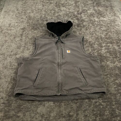 Carhartt Vest Mens XXL 2XL Gray Canvas Fleece Lined Hooded Full Zip Relaxed Work