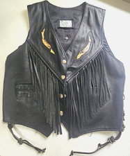 Vtg T.R.D. Genuine Black Leather Fringe Snake Accents Snap Western Vest Youth L