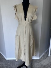 ASTR The Label Linen Blend Midi Dress Beige Button Front Pockets 