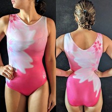 GK Aly Raisman Gymnastics Leotard V-Neck Pink Floral Print Size AXS