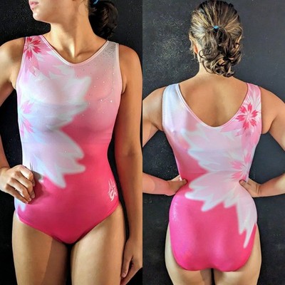 GK Aly Raisman Gymnastics Leotard V-Neck Pink Floral Print Size AXS