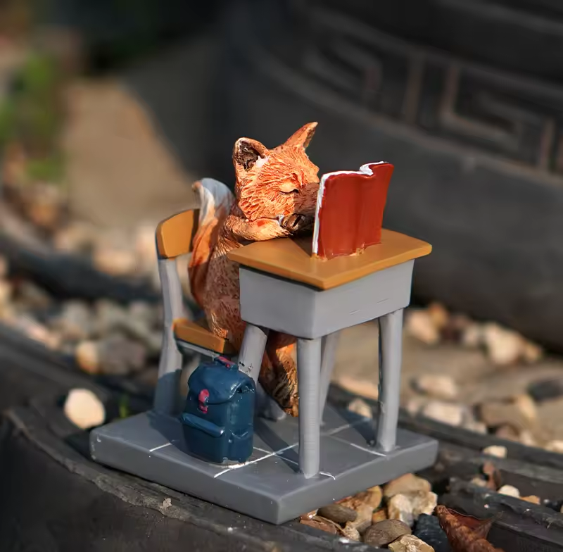 Red Fox Reading Book Miniature Fairy Garden Statue Home Decor Gift