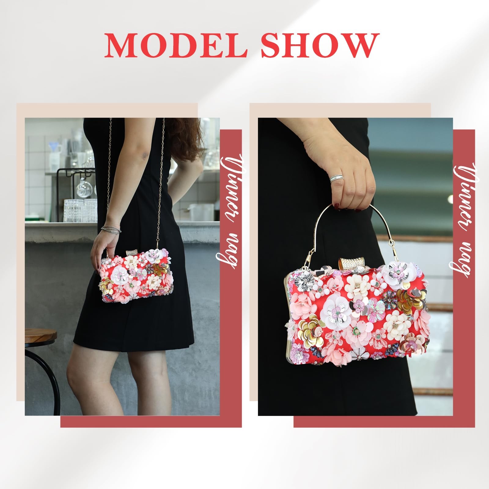 Clutches Flower Evening Handbag Chain Strap Shoulder Bag Red