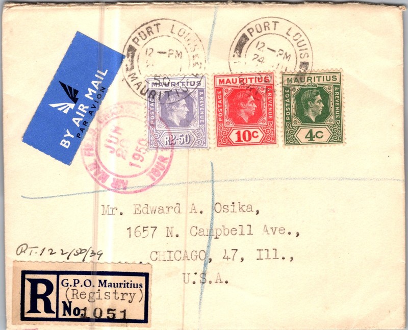 1950 Registered Port Louis Mauritius Airmail cover To Chicago Illinois IL USA