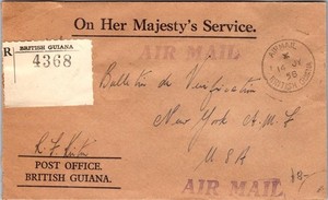 British Guiana 1958 OHMS Stampless Registered Airmail Cover to NY - L44028