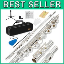 Beginner Flute Kit with Stand, Case, Cleaning Set - Silver