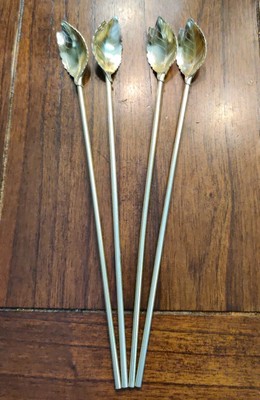 Stirrer Sip Straw Spoons Lot Of 4 MCM Leaf-Shaped  Gold 9.5''