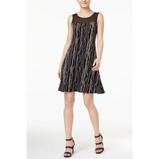 Vince Camuto Black White Print Sheer Bodice Sleeveless Party Shift Dress S