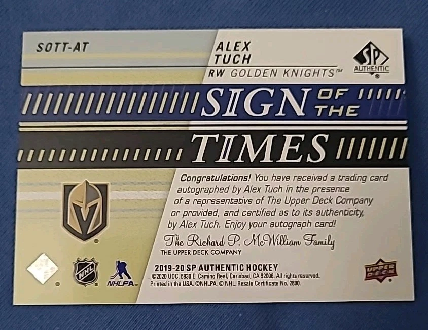 Alex Tuch GOLDEN KNIGHTS 2019-20 SPA SOTT Autograph - Image 2 of 2