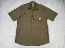 Carhartt Shirt Men Large Green Cotton Button Up Pocket Short Sleeve Work READ