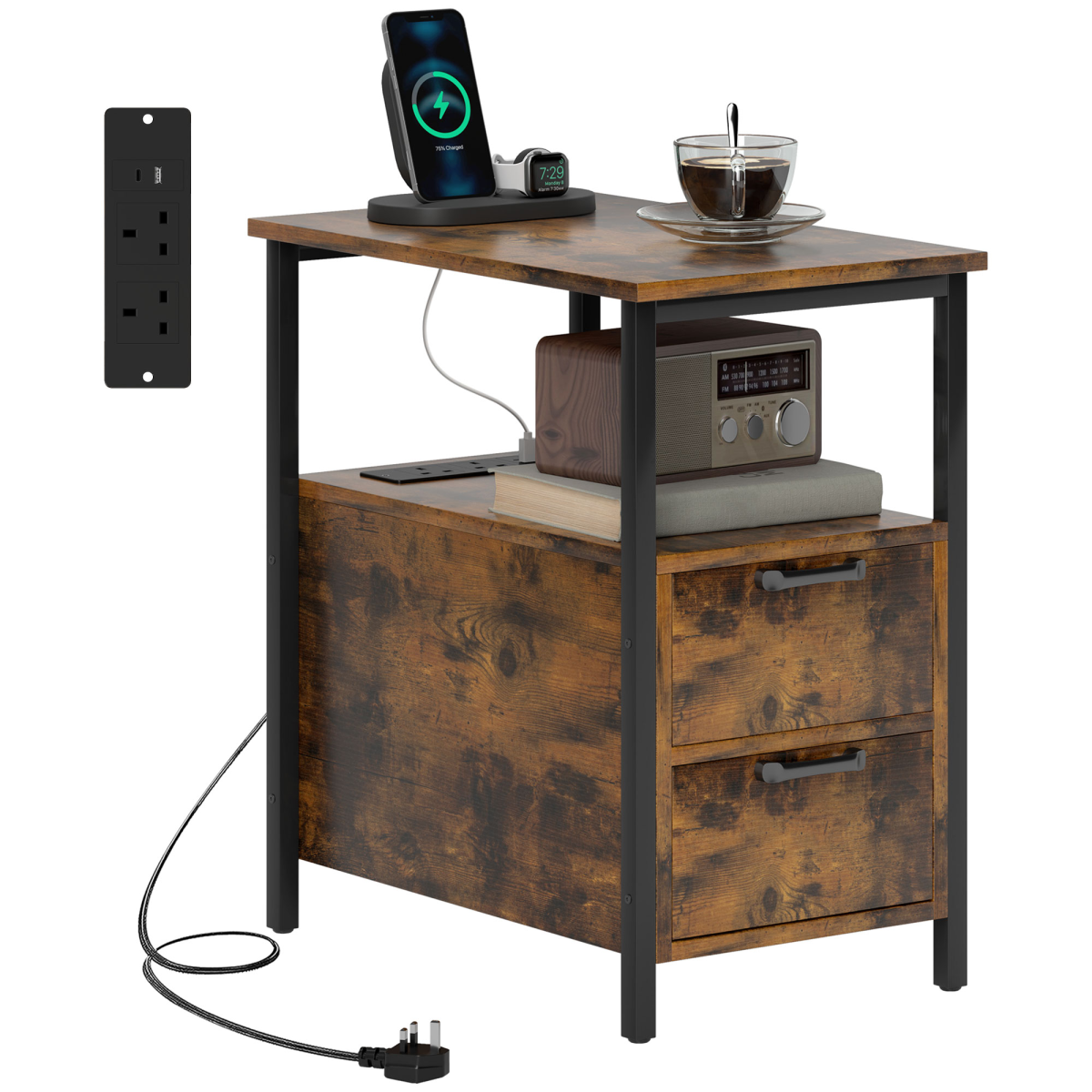 HOMCOM Bedside Table with Charging Station for Living Room - Rustic Brown