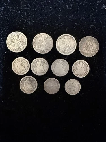 Mixed Lot Seated Liberty Dimes & Half Dimes + 3 Cent Silver Old US Coins