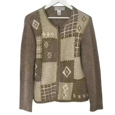 Dressbarn Women’s Silk Blend Brown Patchwork Zip Up Cardigan Sweater Size M