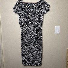 Lauren Ralph Lauren Dress 6 Black White Floral V-Neck Midi Slinky Stretch