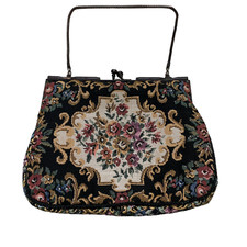 VINTAGE Purse Petit Point Floral Tapestry Bag Chain Strap Hong Kong Tag