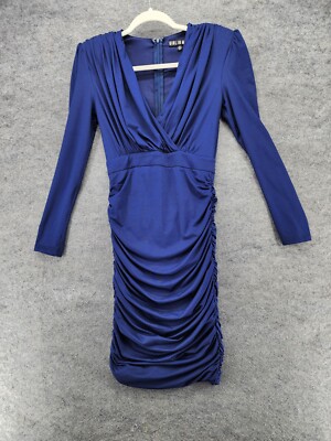 Girl In Mind Dress Womens US 4 V Neck Long Sleeve Blue Ruched Shoulder Pads  | eBay