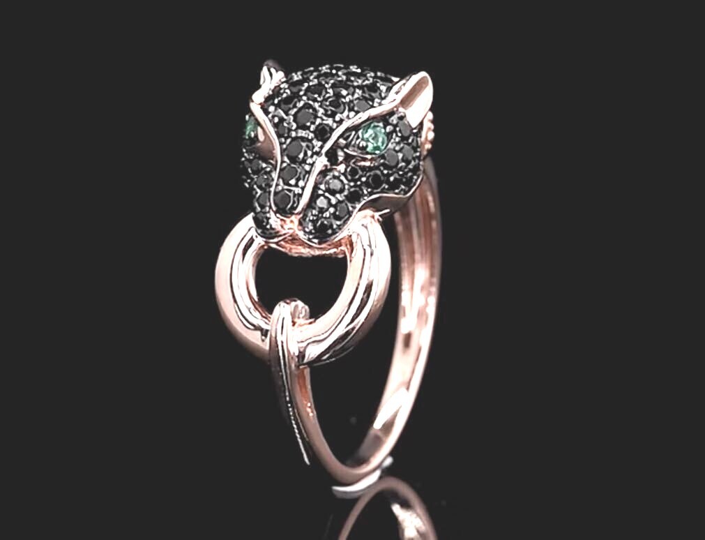 Leopard Head Panther Ring 925 Sterling Silver Rose Gold Plated