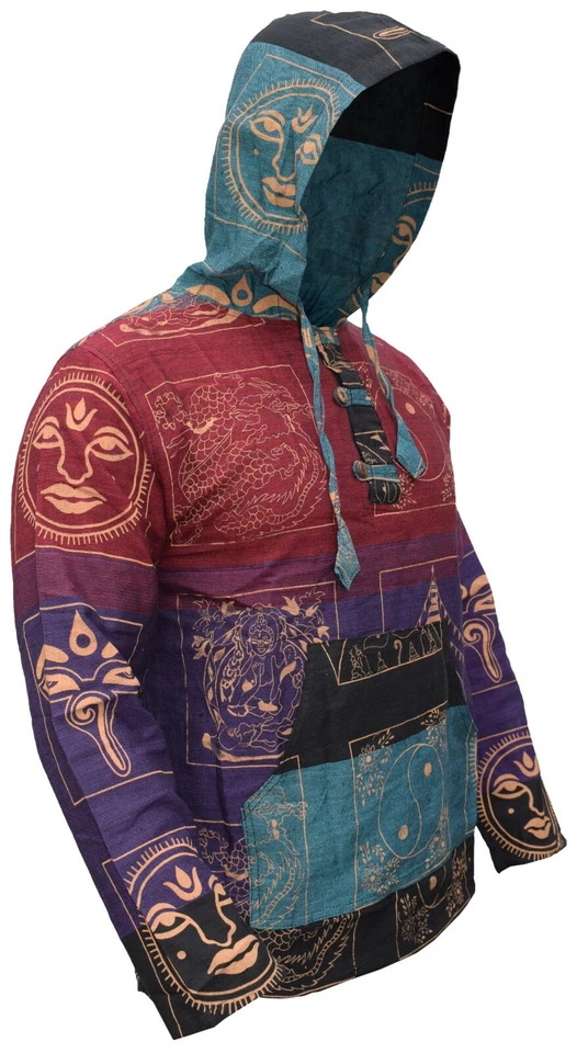 Coton Ying Yang Imprimé Hippie Multicolore Poche Kangourou à Enfiler Capuche - Photo 3/4