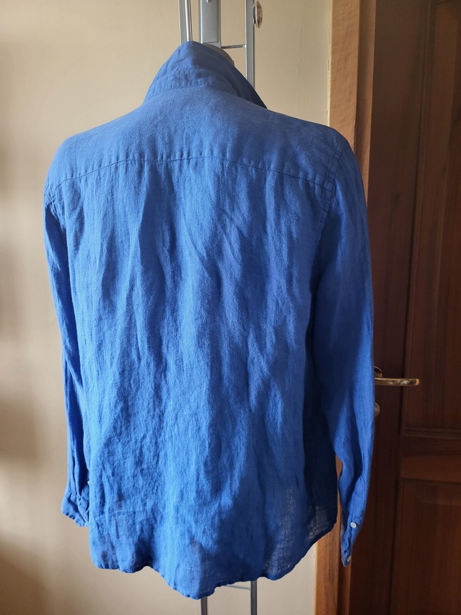 ZARA 100% LINEN SHIRT WITH collar and long sleeves pocket BLUE M 