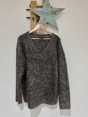 LTS Long Tall Sally Gunmetal Silber Glitzerfaden V-Ausschnitt Strickpullover L 14-16