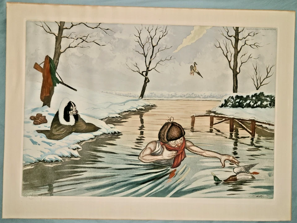 Vtg Boris O'Klein signed hand-colored aquatint etching, "Le Chien Froid" hunting