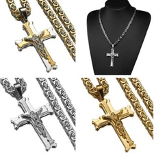 20"-40" Hot Men Necklace Chain Byzantine Stainless Steel Cross Jesus Pendant