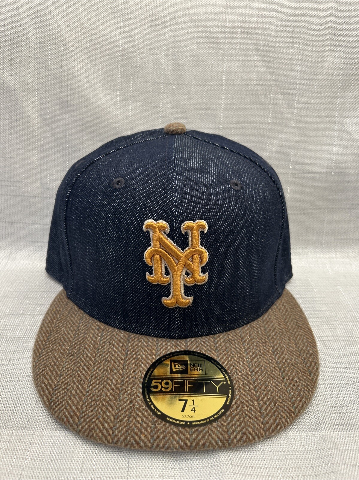 New Era New York Mets Blue Denim Brown Tweed 59FIFTY Fitted Hat Size 7 1/4 NEW