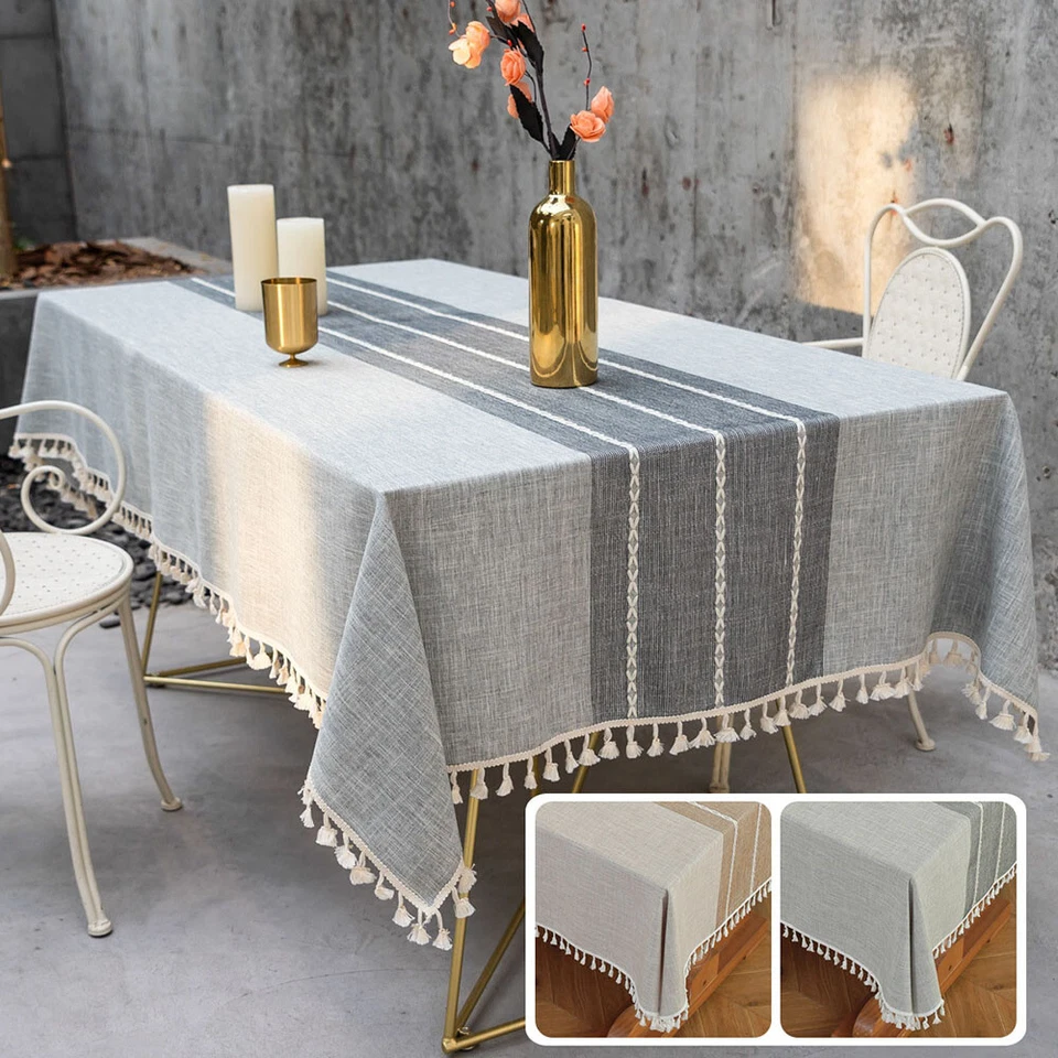 Rectangle Striped Tablecloth Striped Tassel Table Cloth Home Dust Cover - Image 2 of 4