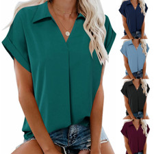 Women's top short sleeve V-neck solid color loose pullover cotton shirt