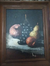 Vintage Bowl Of 'Fruits' Framed Painting Canvas 20x16 Approx. Painted In Italy