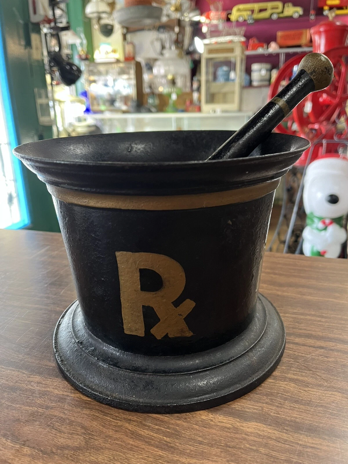 Vintage Original Large Rexall Drugstore RX Cast Iron Mortar & Pestle ~ 4 Pints