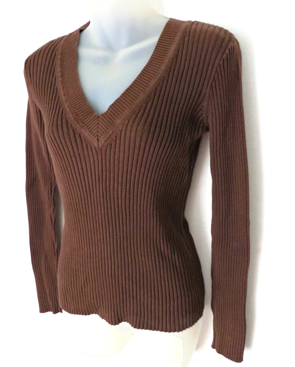 Vintage H M Brown Knit Sweater V neck Stretch Cotton Women Size M