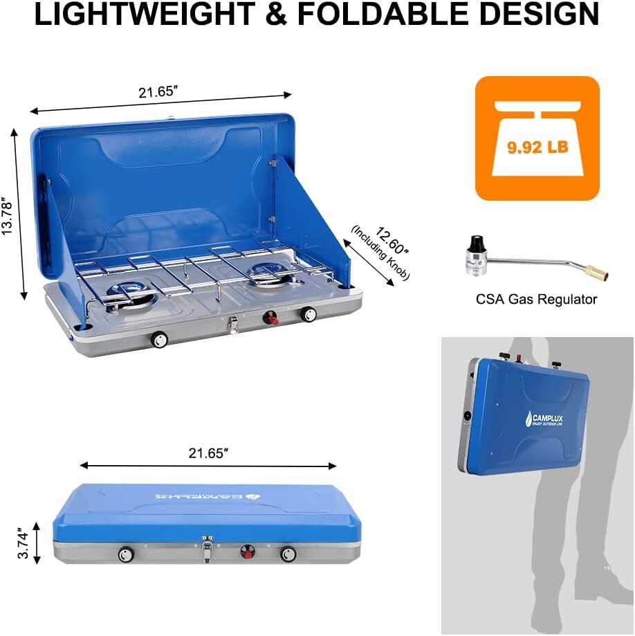 Camplux 2 Burner Propane Camping Stove Outdoor Windshield Gas BBQ Grill