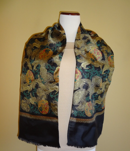 Sciarpa oblunga vintage unisex double face lana nera e seta multicolore Made in Italy - Foto 2 di 9