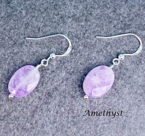 Pendientes de amatista lavanda - plata de ley 925 - envueltos en alambre - piedras preciosas E219 - Imagen 1 de 4