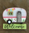 RV CAMPER  Wooden Hanging Sign Retro Vintage Look Tin Door 10”x9 1/2” “Welcome”