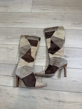 Vintage Patchwork Suede Leather Knee High Boots Womens 8 Square Toe Heels Boho