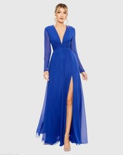 Mac Duggal Size 10 Blue 55680 V-Neck Front Twist Long Sleeve  Maxi Gown Dress NWT