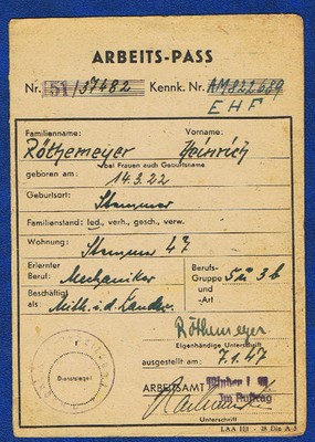 Deutschland Alliierte Besetzung Zone Arbeitspass Minden Westfalen 1947 Stemmer