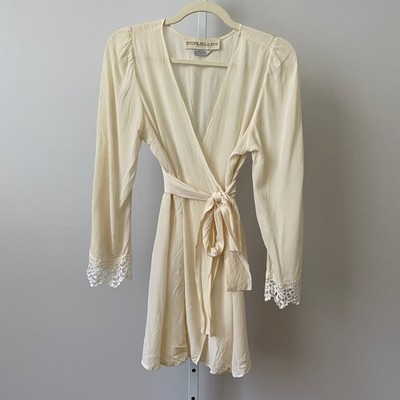 Stone Cold Fox Silk Boho Ethereal Crochet Trim Wrap Mini Dress Cream