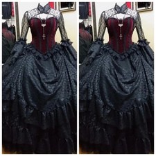 Gothic Black Wedding Dresses Lace Long Sleeve Floor Length Lace-up Bridal Gowns
