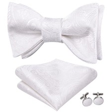Men's White Bow Tie Set 3 PCS Silk Self Tie Adjustable Bowtie Handkerchief Po