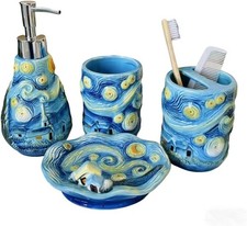 4 Piece Van Gogh Starry Night Ceramic Bathroom Accessory Set, Blue Art Decor