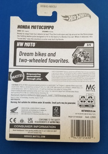 Hot Wheels Honda Motocompo Moto 2025 Nuovi Modelli 181/250 Prime Edizioni Motore - Foto 4 di 6